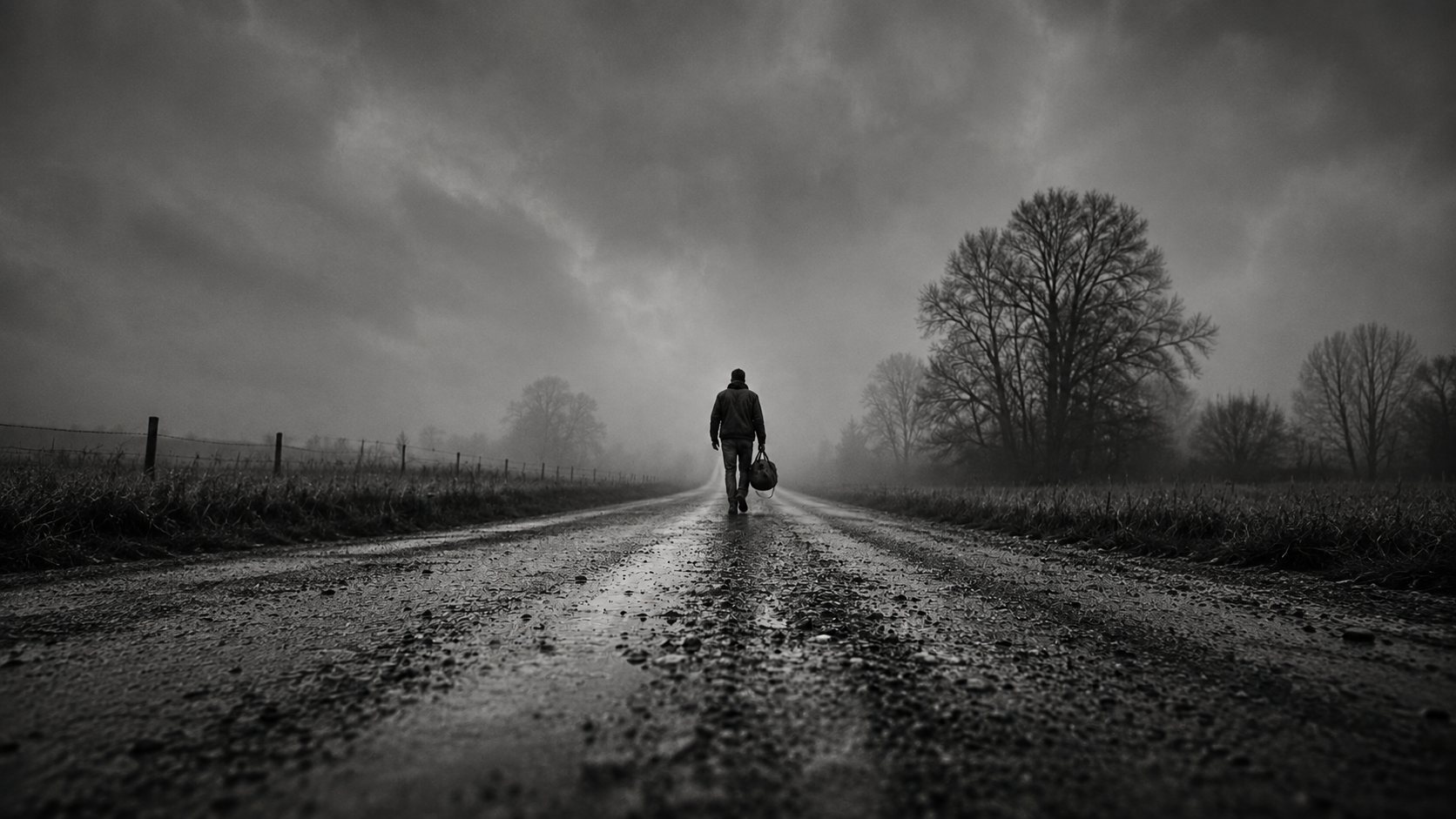 A man walking alone down a wet gravel road under a heavy grey sky, carrying a bag